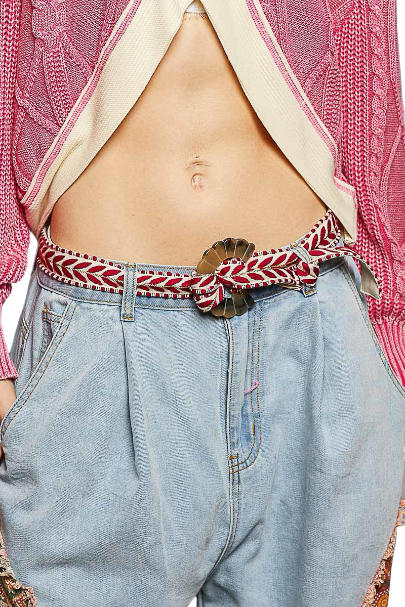 Pol Embroidered Leaf Sash Belt with Concho Buckle