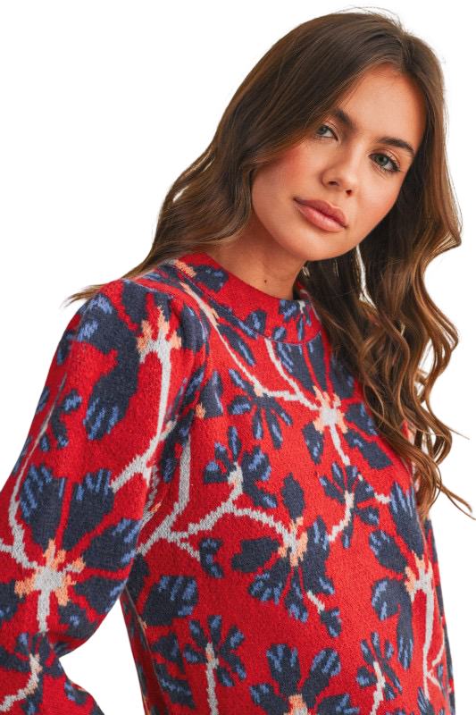 Apparel- En Merci Floral Mock Neck Sweater Top