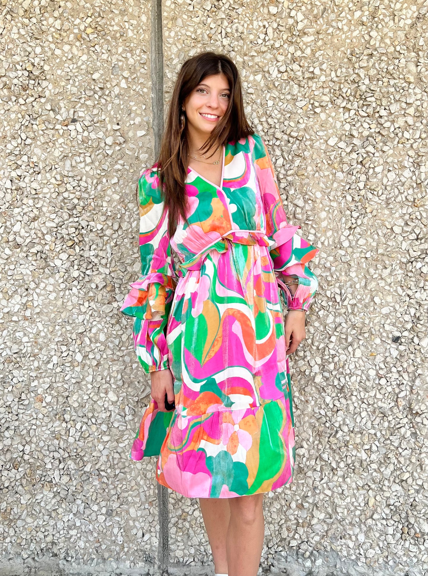 Apparel- Btfl-Life V-Neck Printed Midi Dress