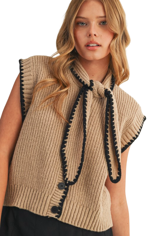 Apparel- En Merci Tie Neck Blanket Stitch Sweater Vest Top