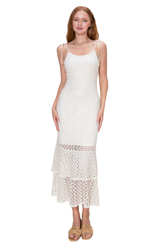 B. Right Crochet Lace Open Bottom Midi Dress