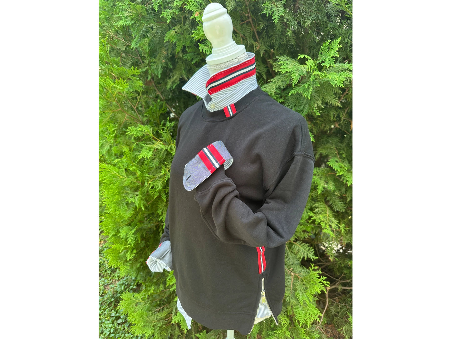 Pearly Vines Casie 2-  Striped Oxford with Black and Red Stripe Ribbon