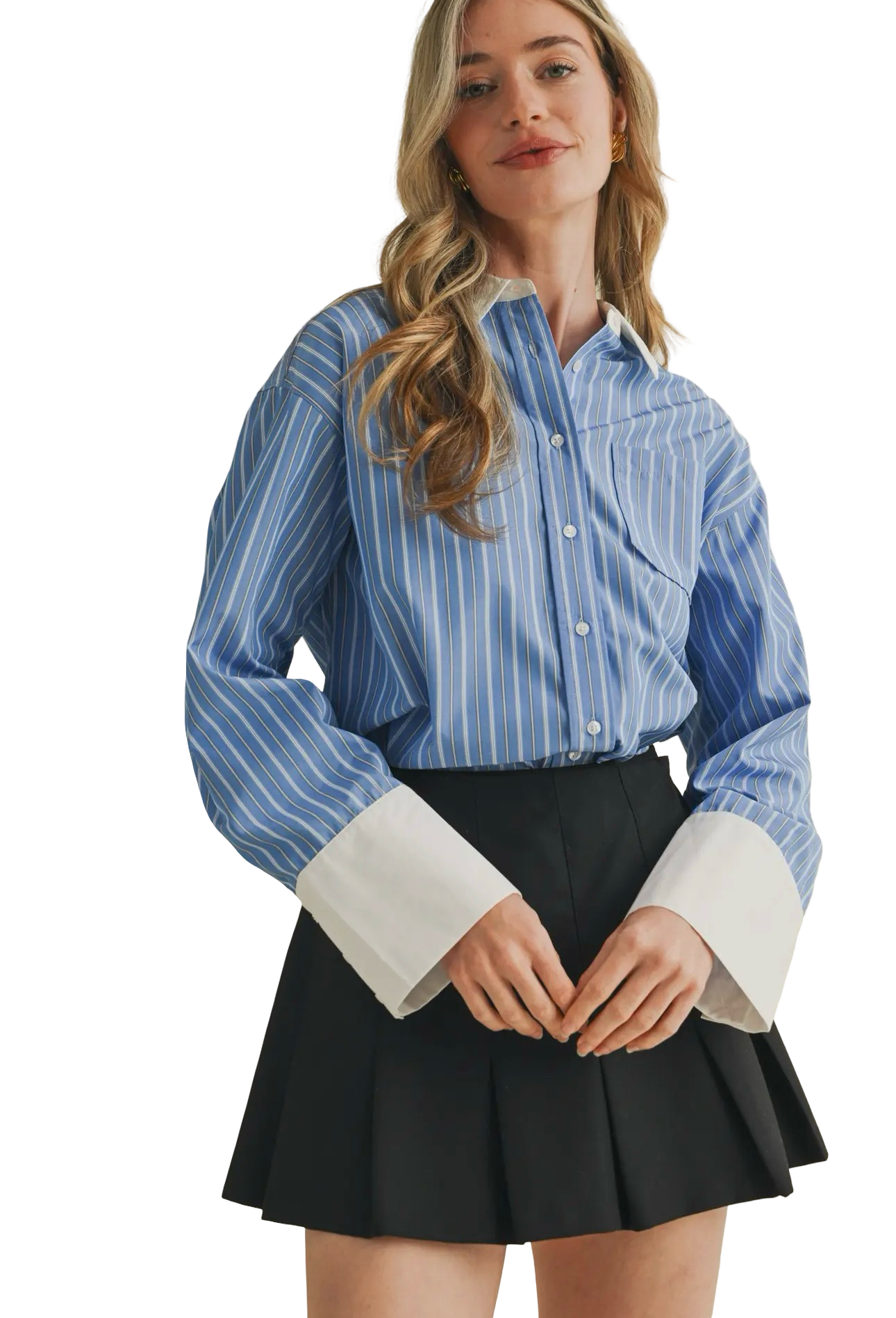 Apparel- En Merci Striped Wide Cuff Button Down Top