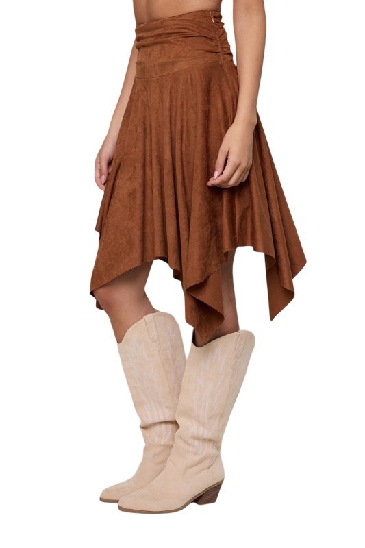 Apparel- Sky to Moon Suede Ruffle High Low Midi Skirt