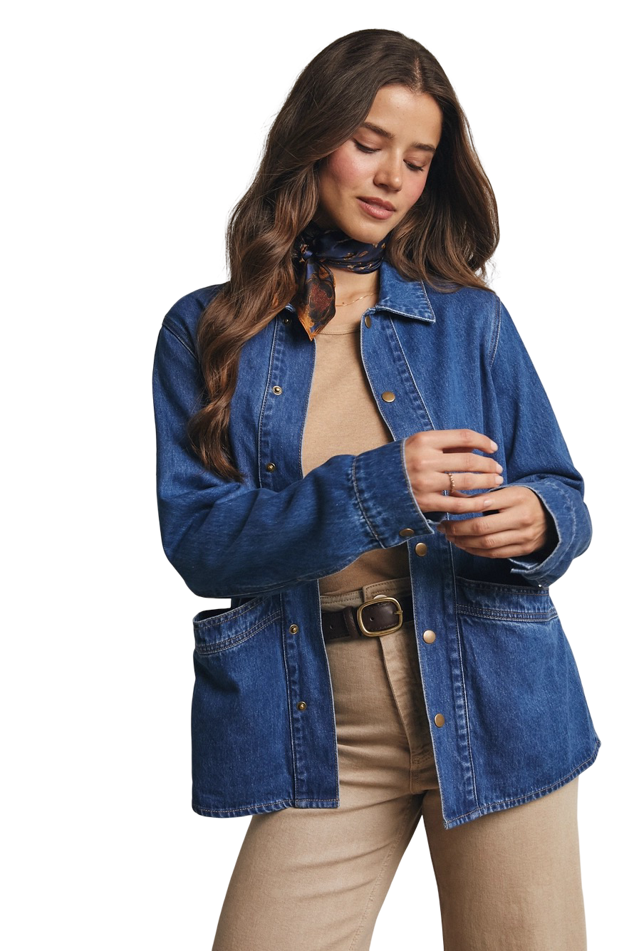 Apparel- Forte Utility Snap Washed Denim Jacket Top