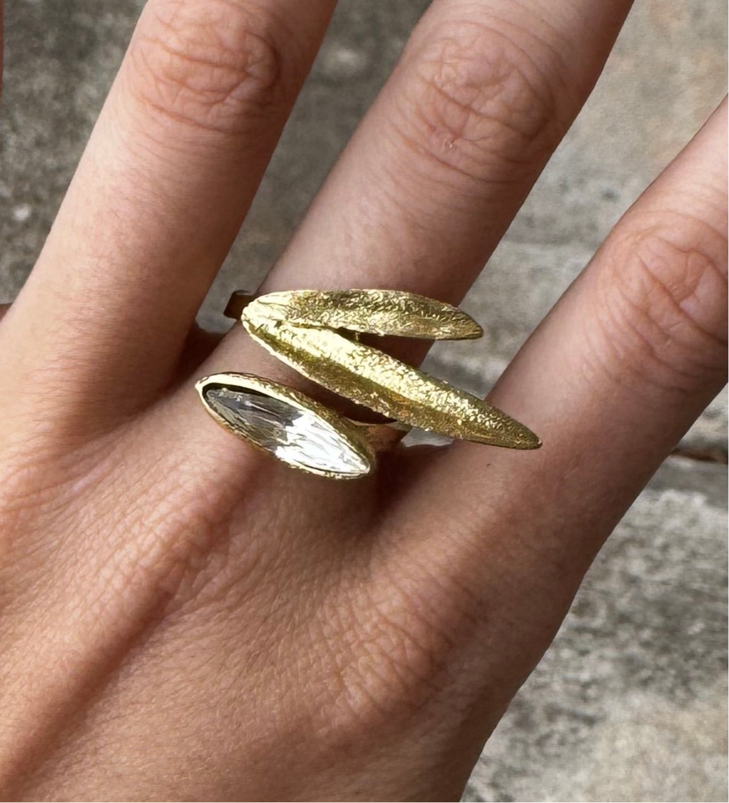 Rings- Kalliope Bronze Open Leaf and Crystal Ring