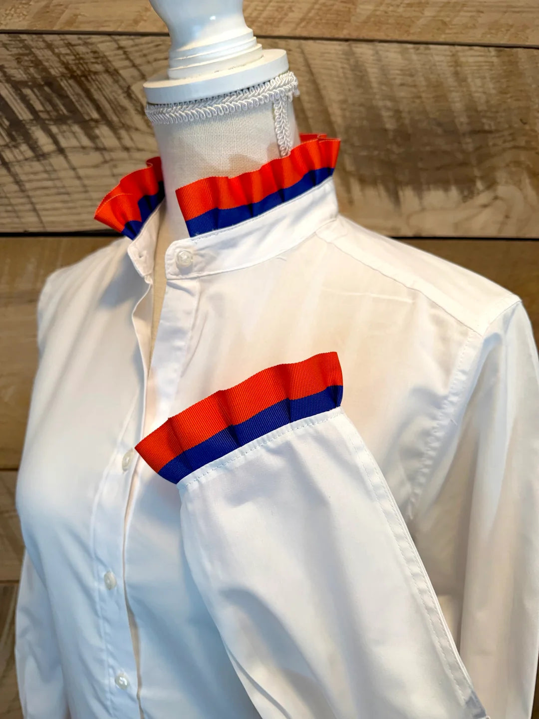 Pearly Vines- Dionne Game Day Ruffled Ribbon Shirt- White with Red & Royal Blue Ribbon