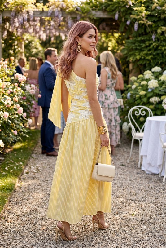 Baby Pink One Shoulder Embroidered Maxi Dress