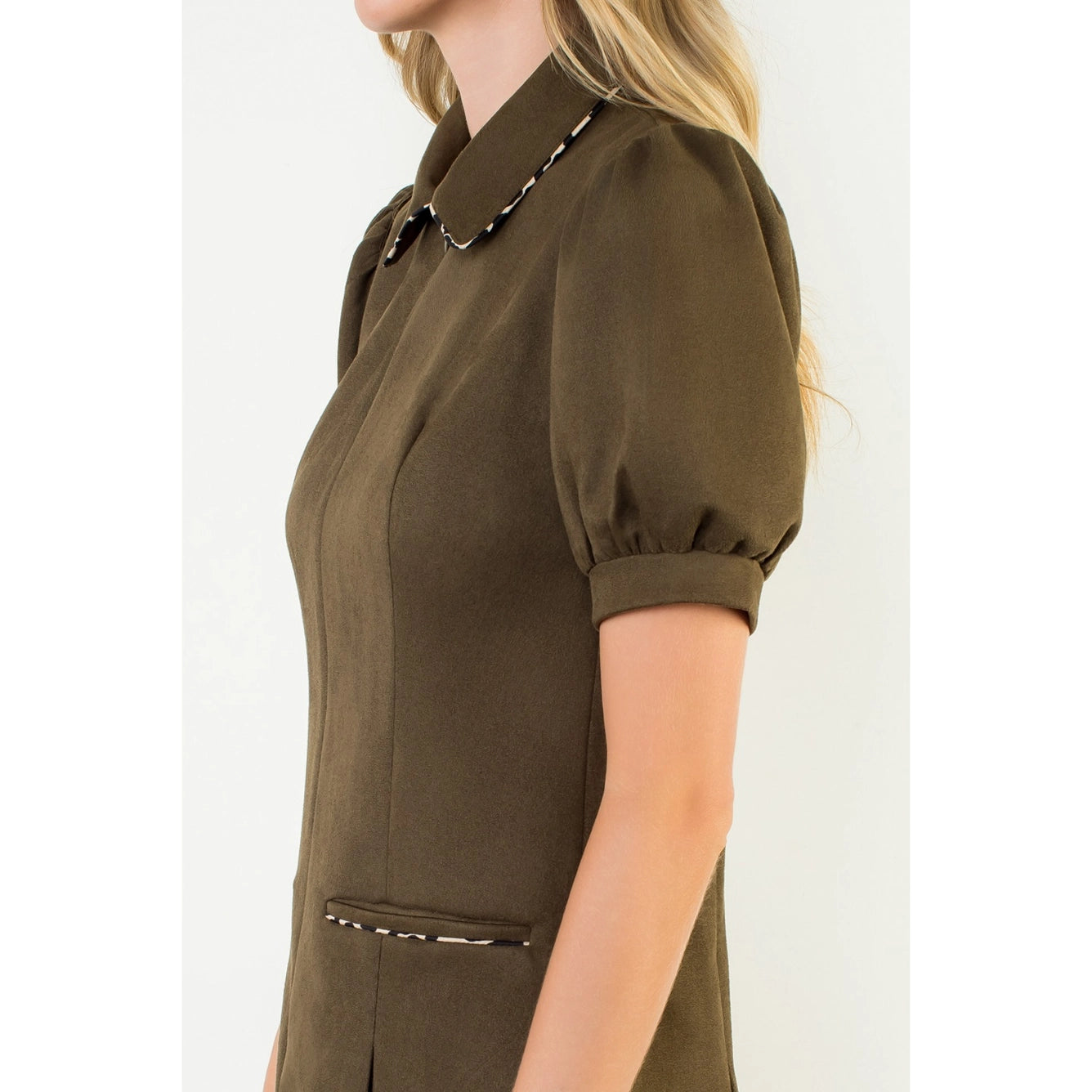 Apparel- THML Dart Detail Short Sleeve Suede Mini Dress