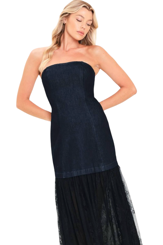 Flying Tomato Strapless Denim and Lace Maxi Dress