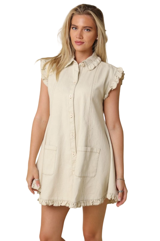 Olivaceous Joanie Button Down Denim Mini Dress with Ruffle Details