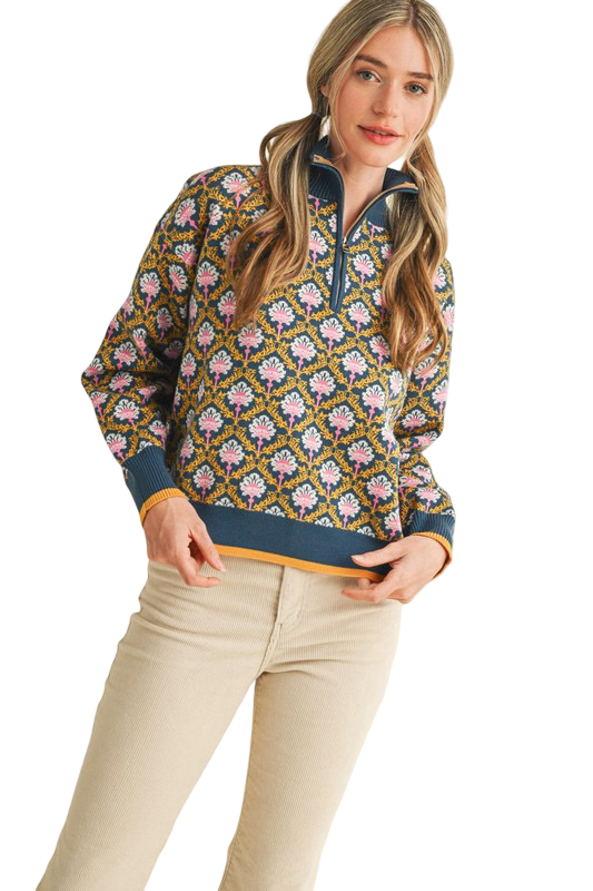 Apparel- En Merci Floral Half Zip Mock Neck Pullover Sweater