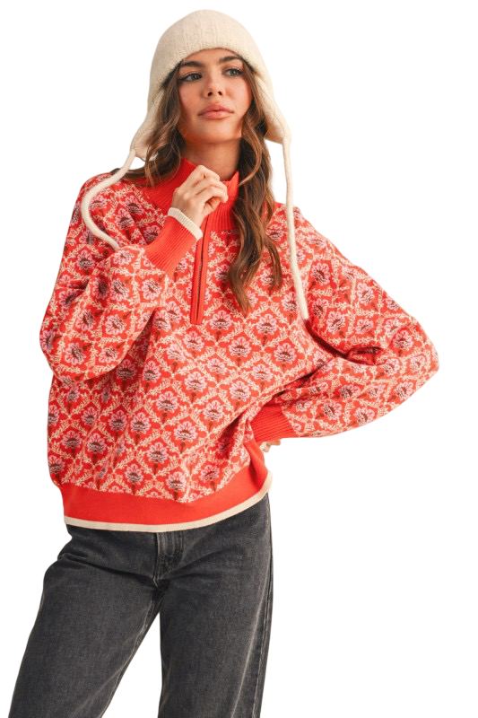 Apparel- En Merci Floral Half Zip Mock Neck Pullover Sweater