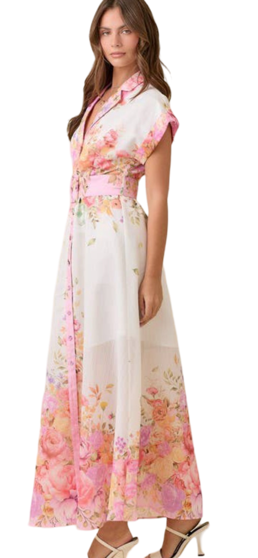 Apparel- Main Strip Floral Print Lapel Collar Button Down Maxi Dress