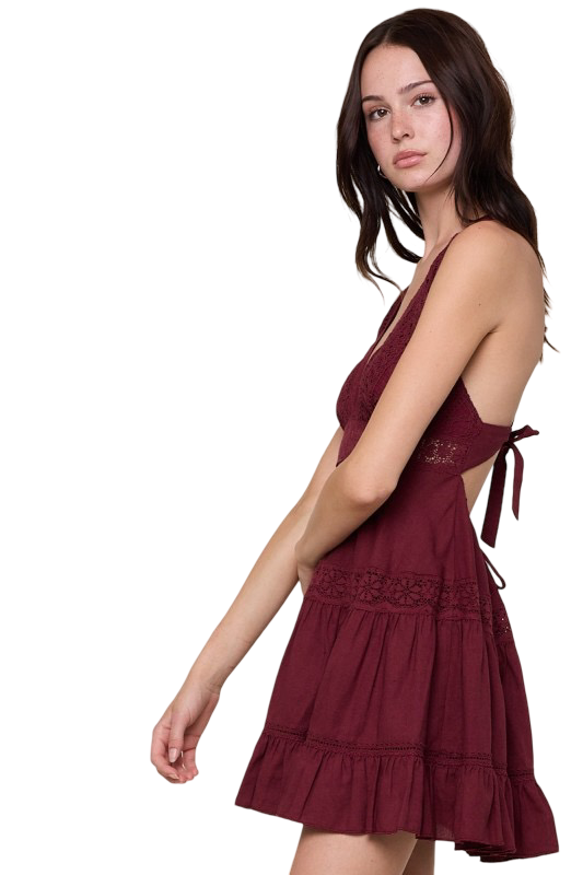 Apparel- Sky to Moon Linen Lace V Neck Open Back Mini Dress