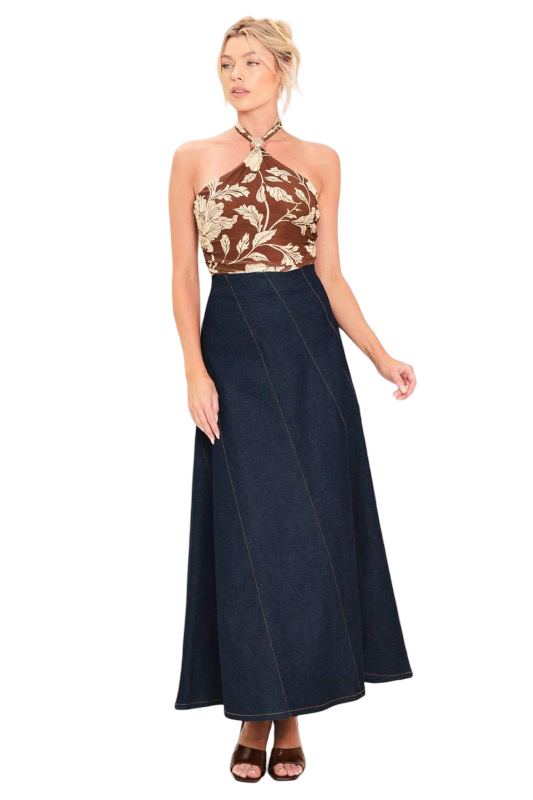 Flying Tomato Denim Angled Stitch Maxi Skirt