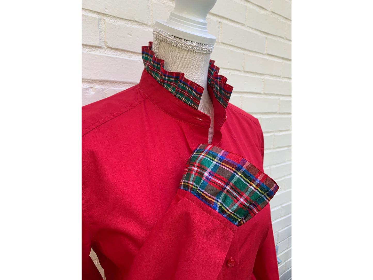 Apparel- Pearly Vine Dionne Holiday Plaid Ruffle Ribbon Trim Shirt Red & Red Plaid Ribbon