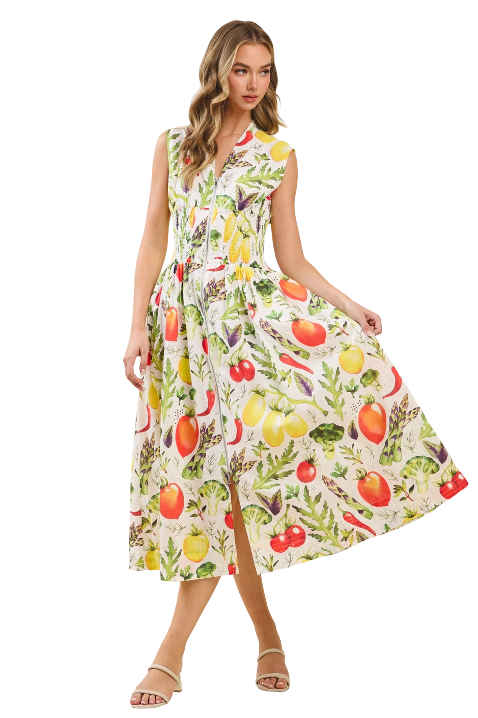 Apparel-TCEC Vibrant Produce Smocked Waist Midi Dress
