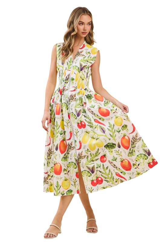 Apparel-TCEC Vibrant Produce Smocked Waist Midi Dress