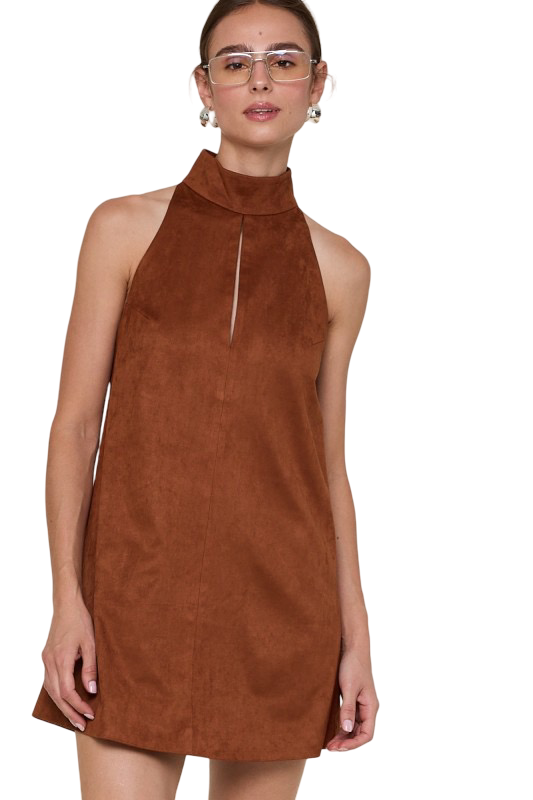 Apparel- Sky to Moon Suede Cut Out Point Plain Mini Dress