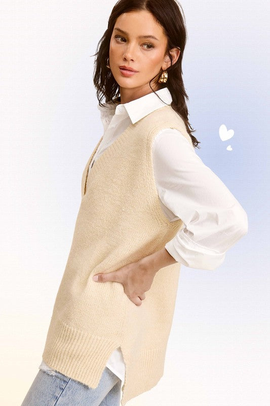 Apparel- La Miel Oversized V Neck Sleeveless Sweater