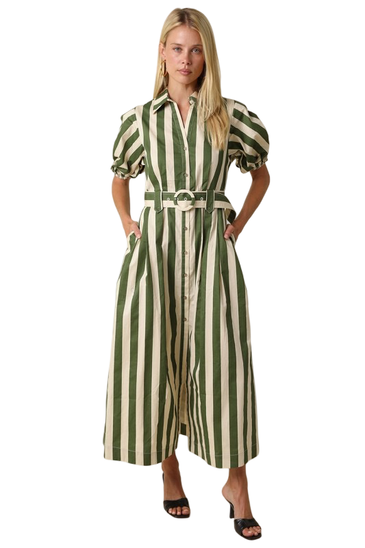 Olivaceous Cora Striped Belted Midi Dress