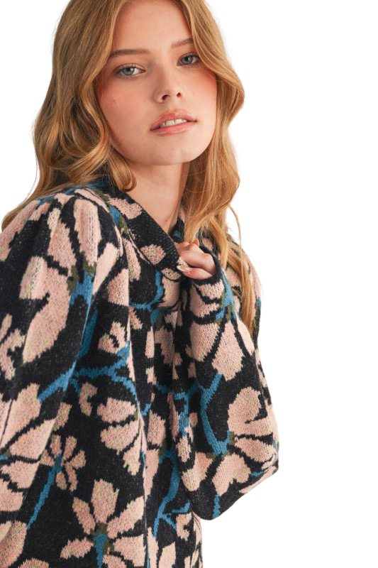 Apparel- En Merci Floral Mock Neck Sweater Top