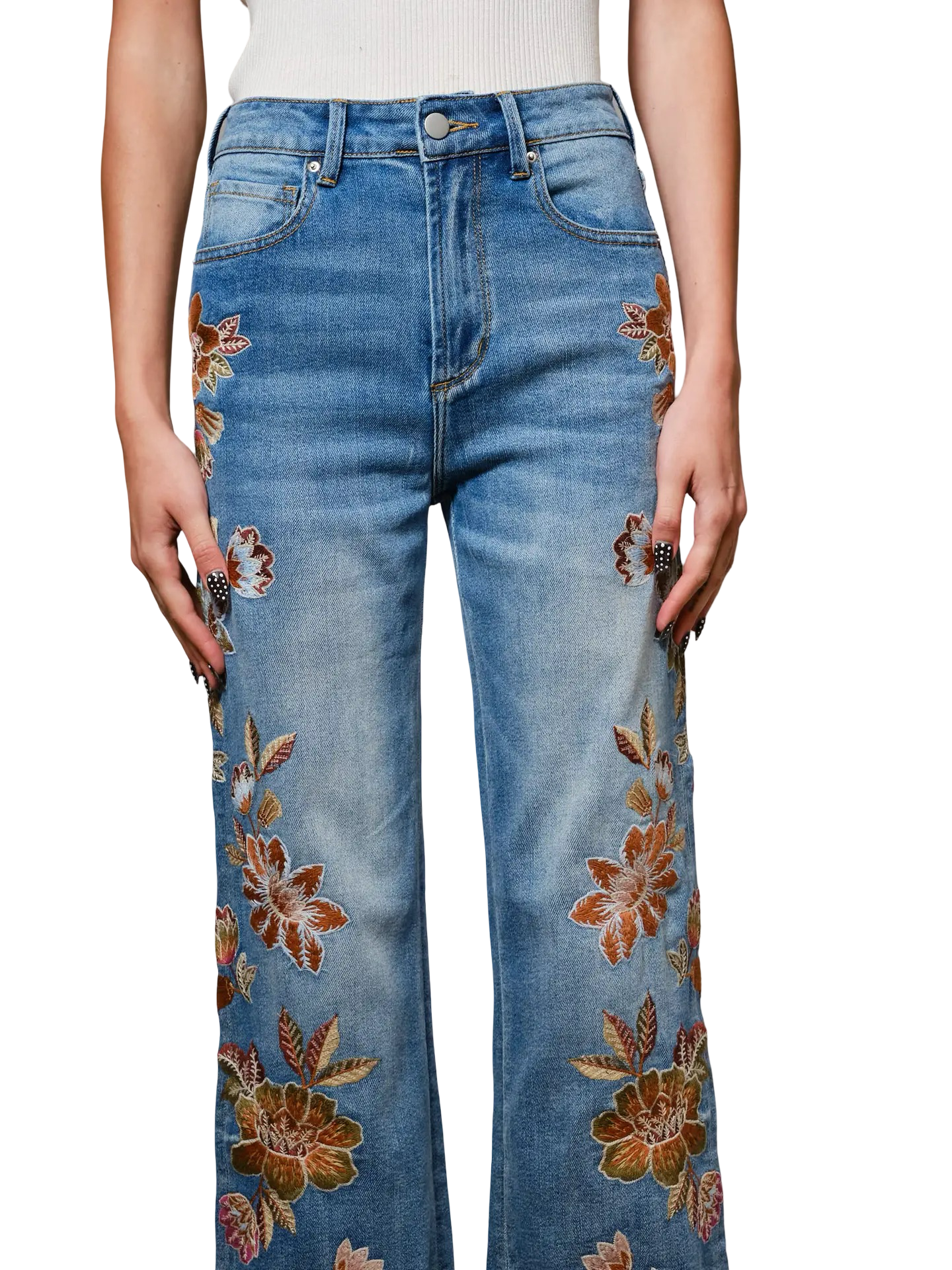 Apparel- Blue B. Embroidered Wide Leg Jeans