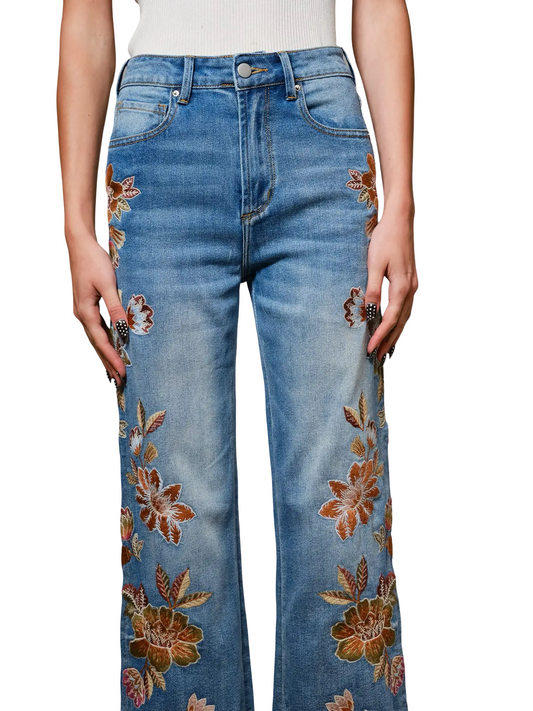 Apparel- Blue B. Embroidered Wide Leg Jeans
