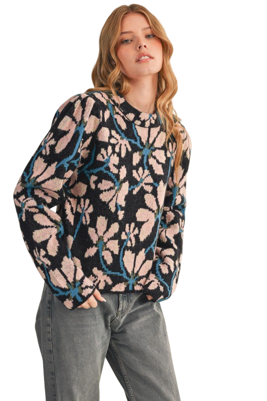 Apparel- En Merci Floral Mock Neck Sweater Top