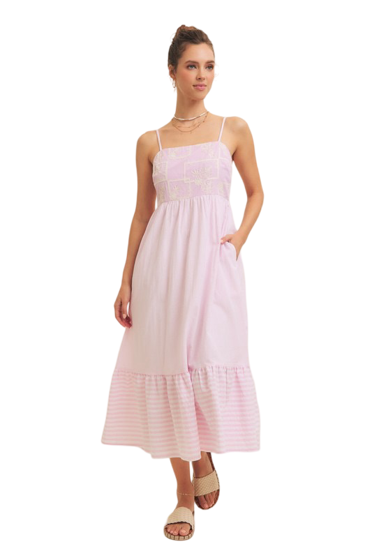Apparel- In February Pastel Embroidered Striped Cami Midi Dress
