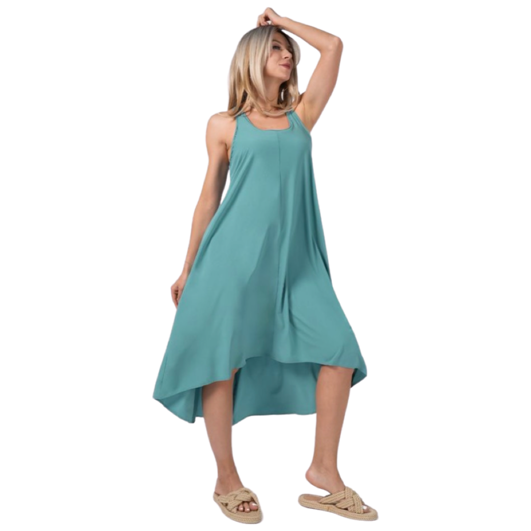 Apparel- Halara Breezeful* Backless Racerback Side Pocket High Low Midi  Dress