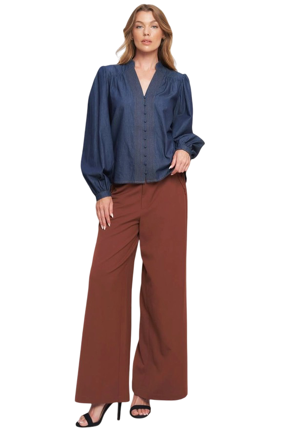 Apparel- Flying Tomato V Neck Detail Denim Top