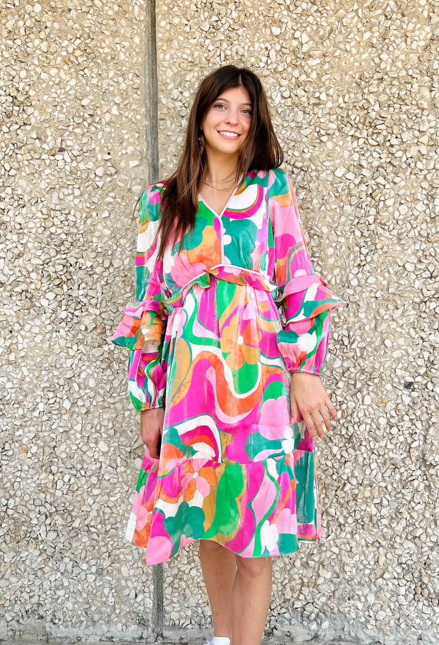 Apparel- Btfl-Life V-Neck Printed Midi Dress