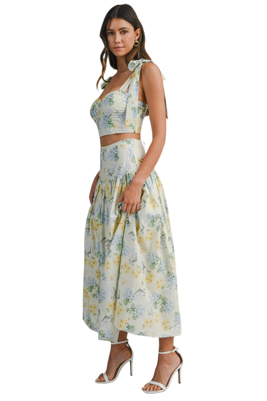 Mable Floral Print Ruched Bust Top and Midi Skirt Set
