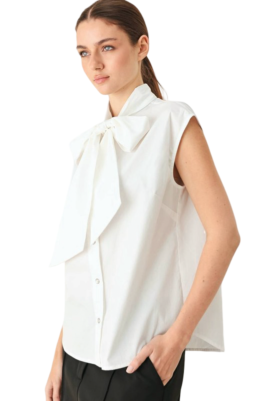 Flying Tomato Button Front Bow Tie White Blouse Top