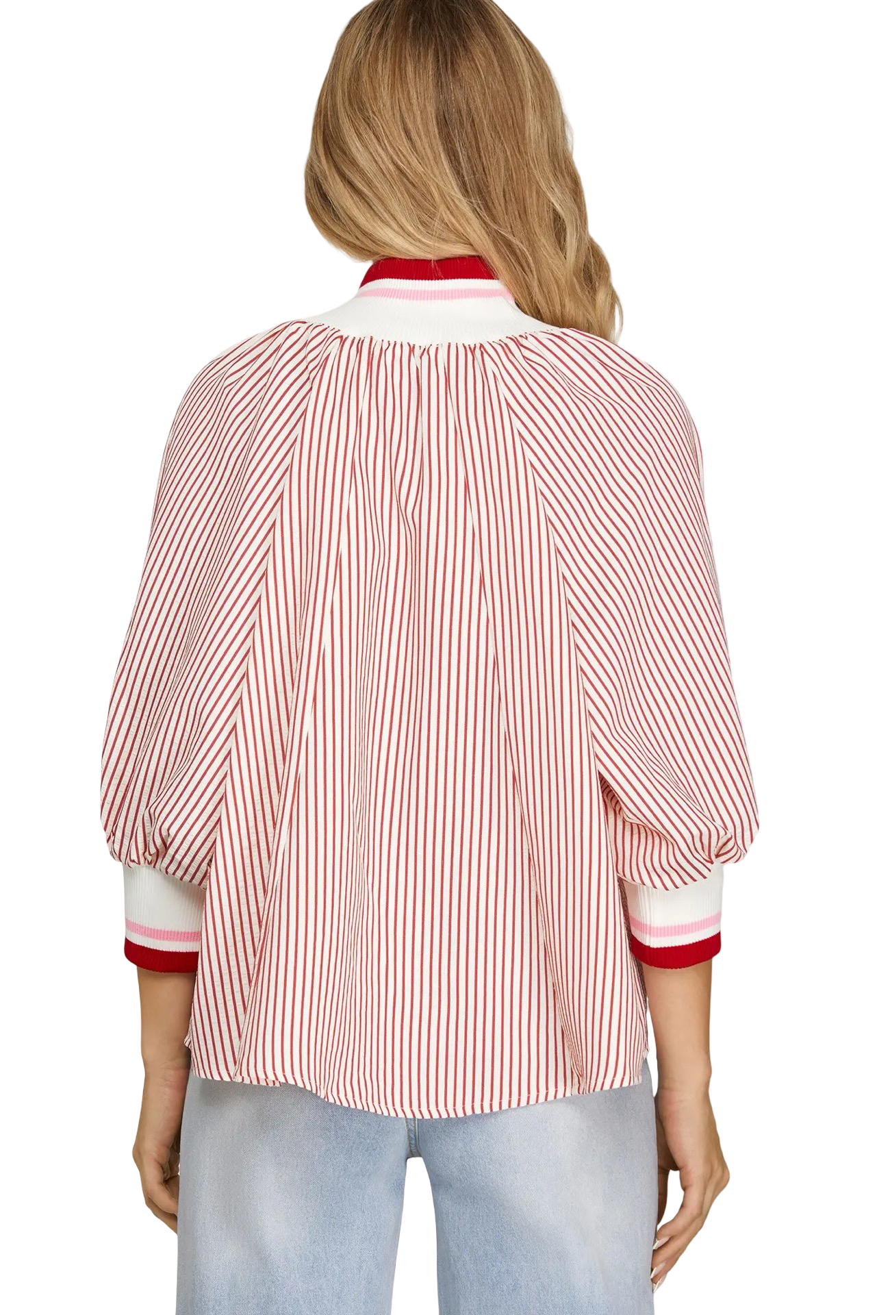 She+Sky 3/4 Sleeve Zip Down Contrast Blouse Top