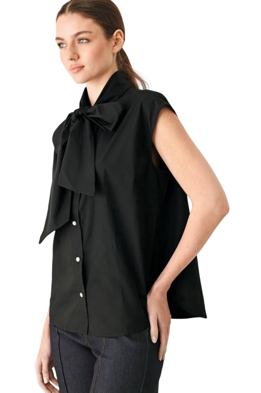 Flying Tomato Button Front Bow Tie Black Blouse Top