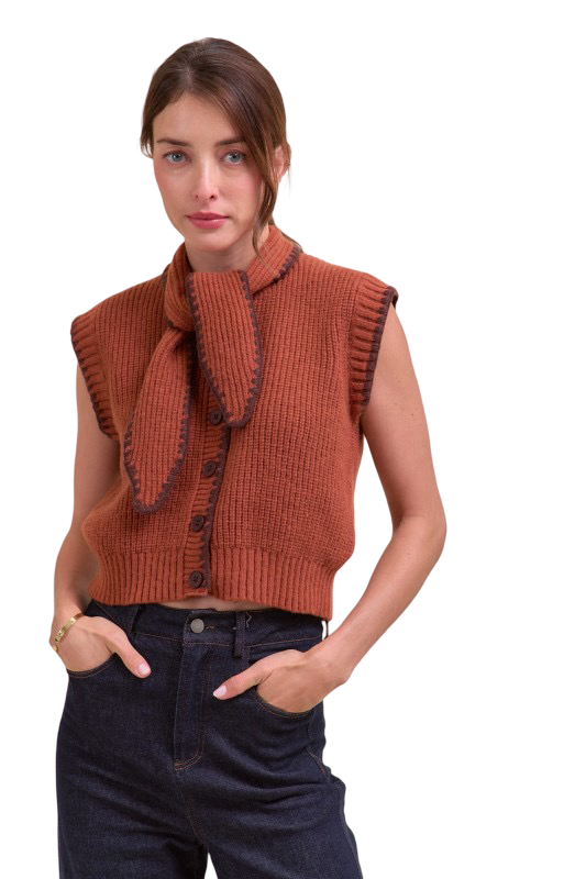 Apparel- En Merci Tie Neck Blanket Stitch Sweater Vest Top