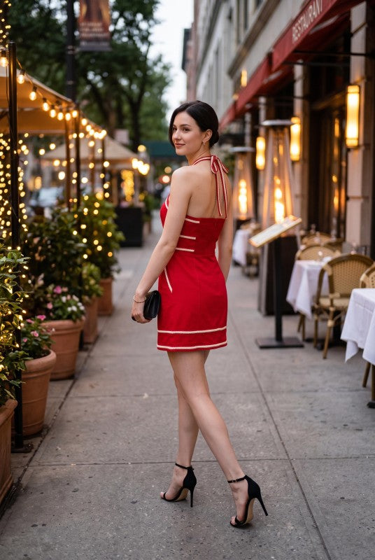 Baby Pink Contrast Rope Trim Halter Mini Dress