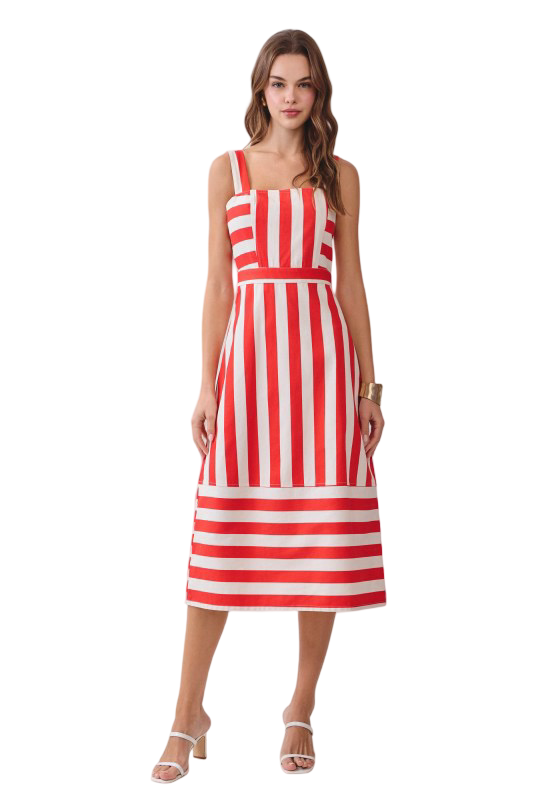 Apparel- TCEC Square Neck Striped Midi Dress