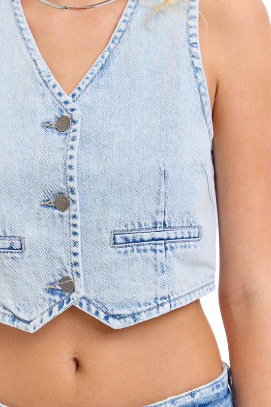 Apparel- Cello Cropped Stripe Denim Vest