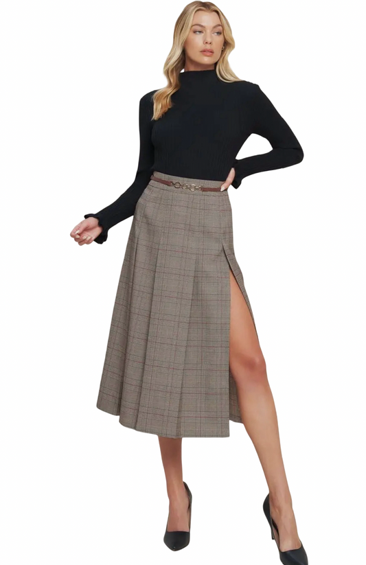 Apparel- Flying Tomato Pleated Woven Midi Skirt with Belt
