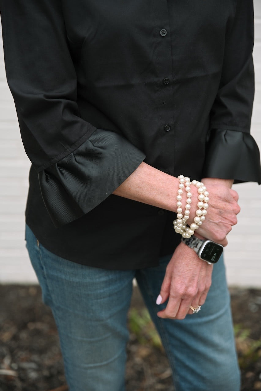 Apparel- Pearly Vines- Barbara Ann Black 3/4 Trim Ribbon Shirt