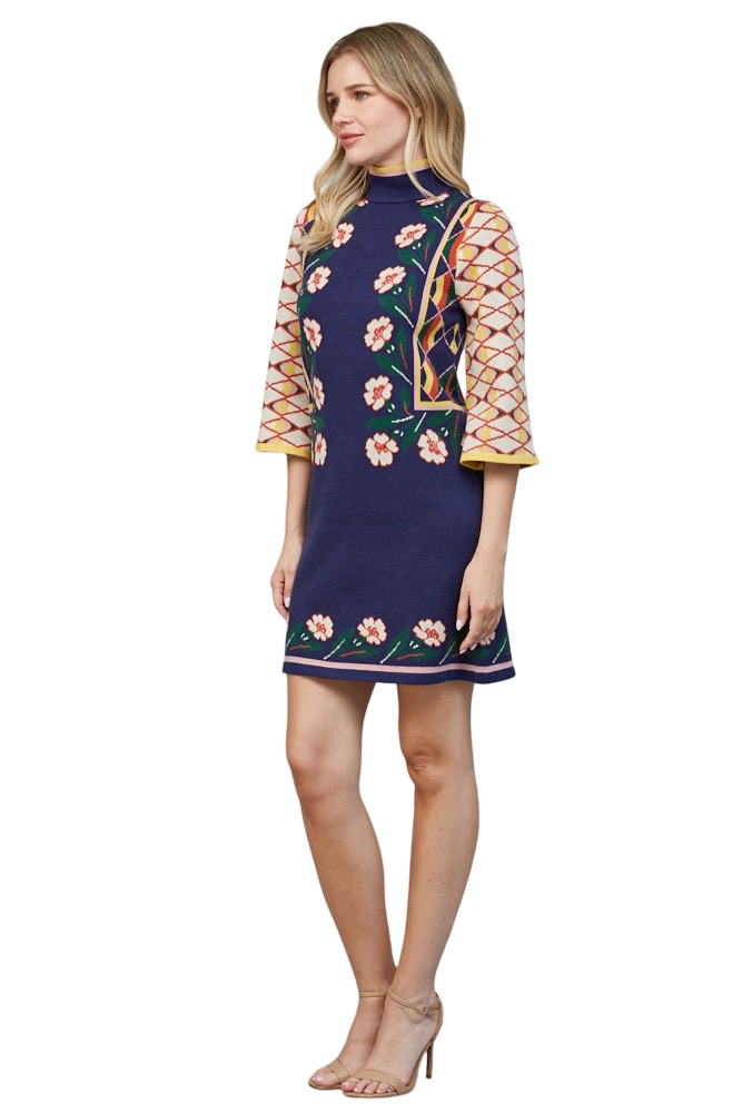 Apparel-Fate Jacquard Motif High Neck Floral Sweater Mini Dress
