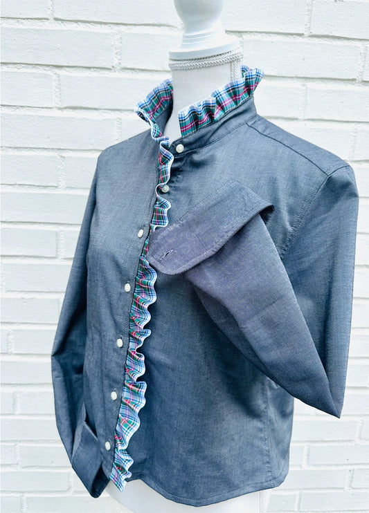 Apparel- Pearly Vines Sophia Gray Oxford with White Plaid Ruffle Front Shirt