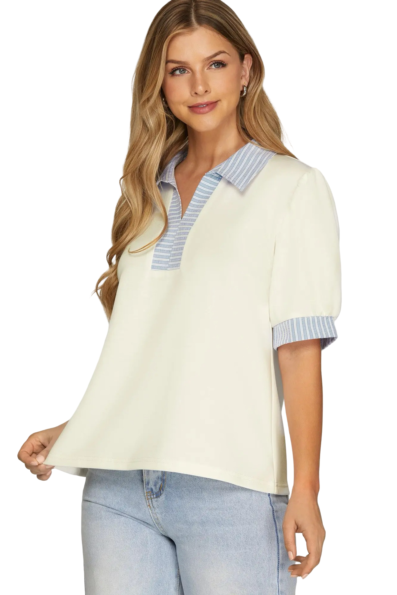 She+Sky Stripe Detail Short Sleeve Blouse Top
