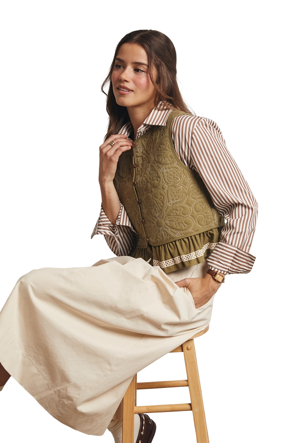 Apparel- Forte Lace Trimmed Quilted Peplum Vest Top