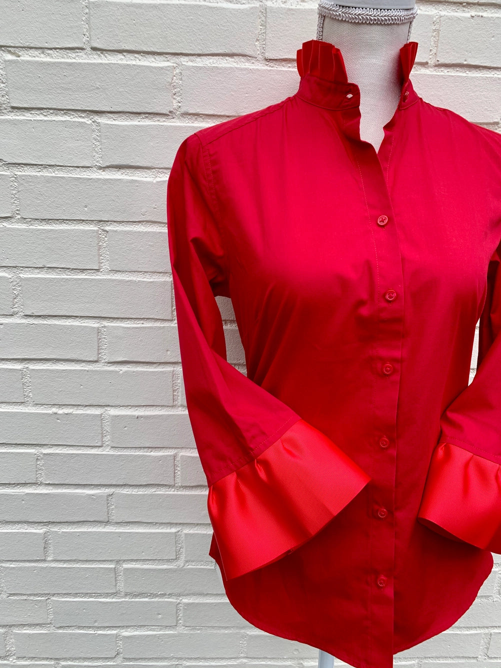 Apparel- Pearly Vines- Barbara Ann Red 3/4 Trim Ribbon Shirt