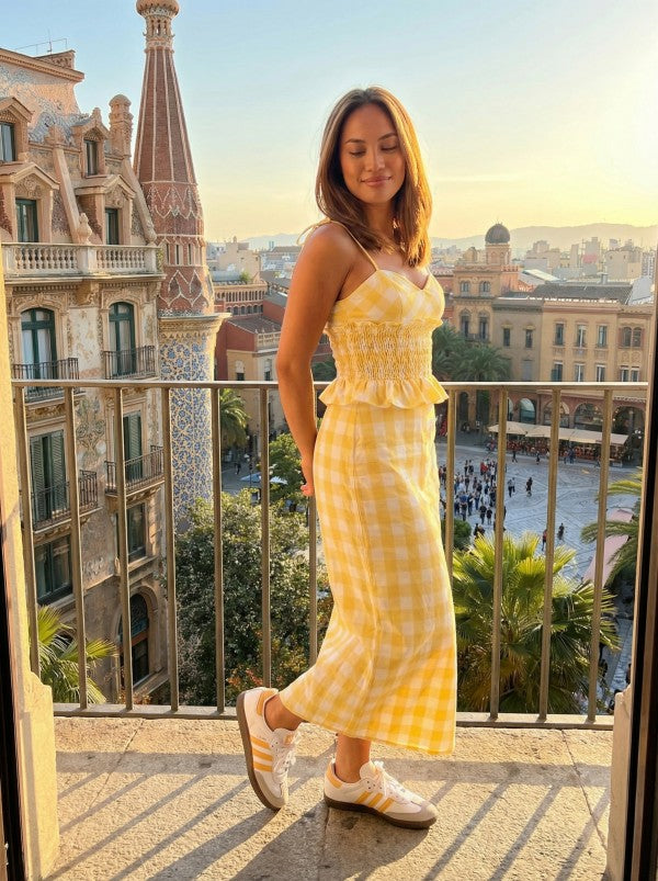 Baby Pink Gingham Sweetheart Top and Midi Skirt Set